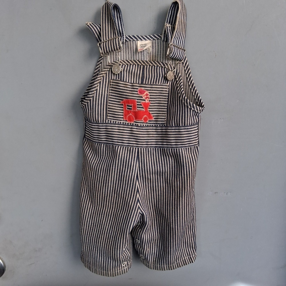 Vintage Baby Choo-Choo Train Blue White Striped Engineer Overalls Fair